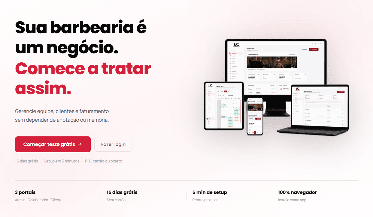 Tela do sistema Under Control Barbearia: dashboard, agenda e base de clientes